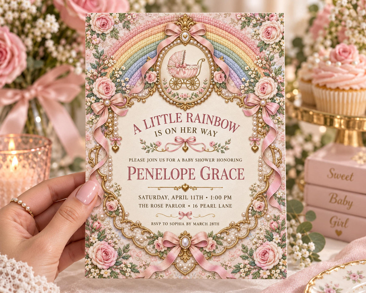 a hand holding a pink and gold invitation card with a rainbow design, surrounded by pink flowers and a pink cake.