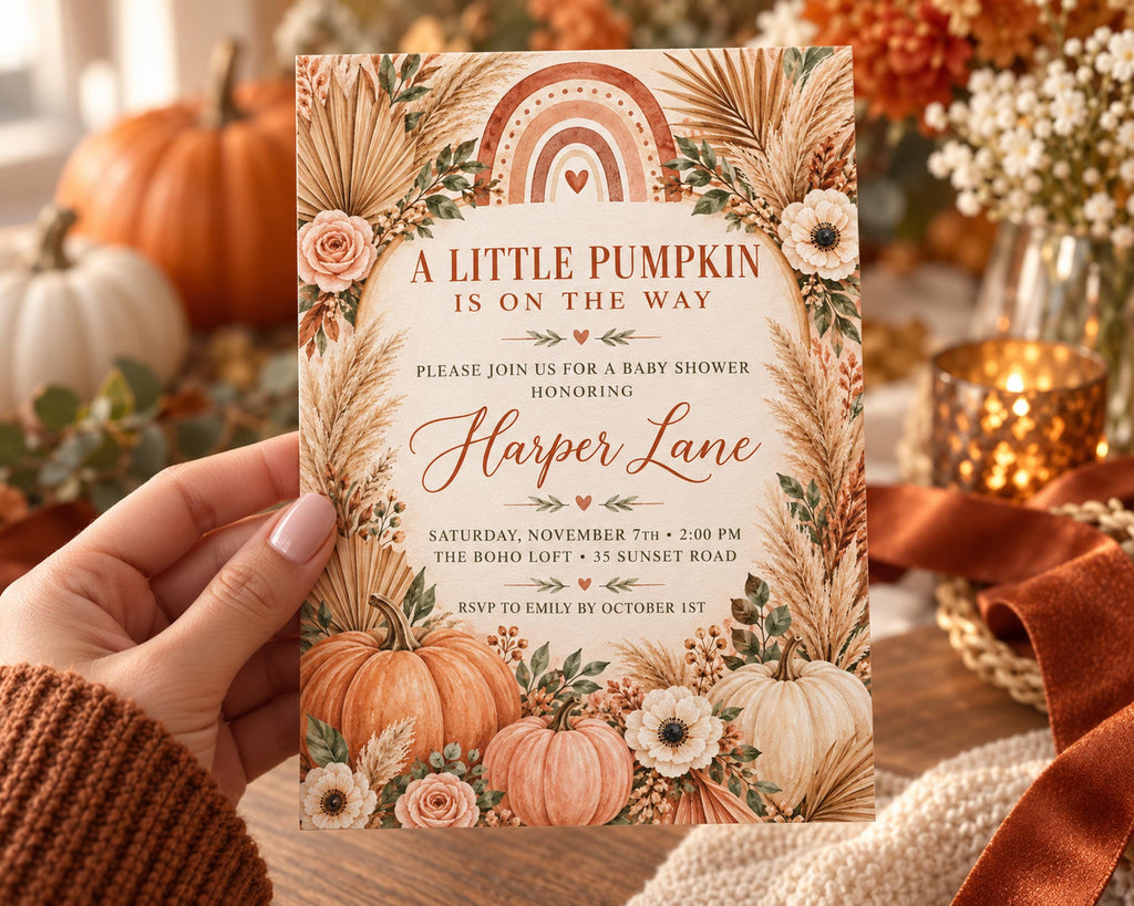 A hand holding a baby shower invitation with a pumpkin and autumn theme.