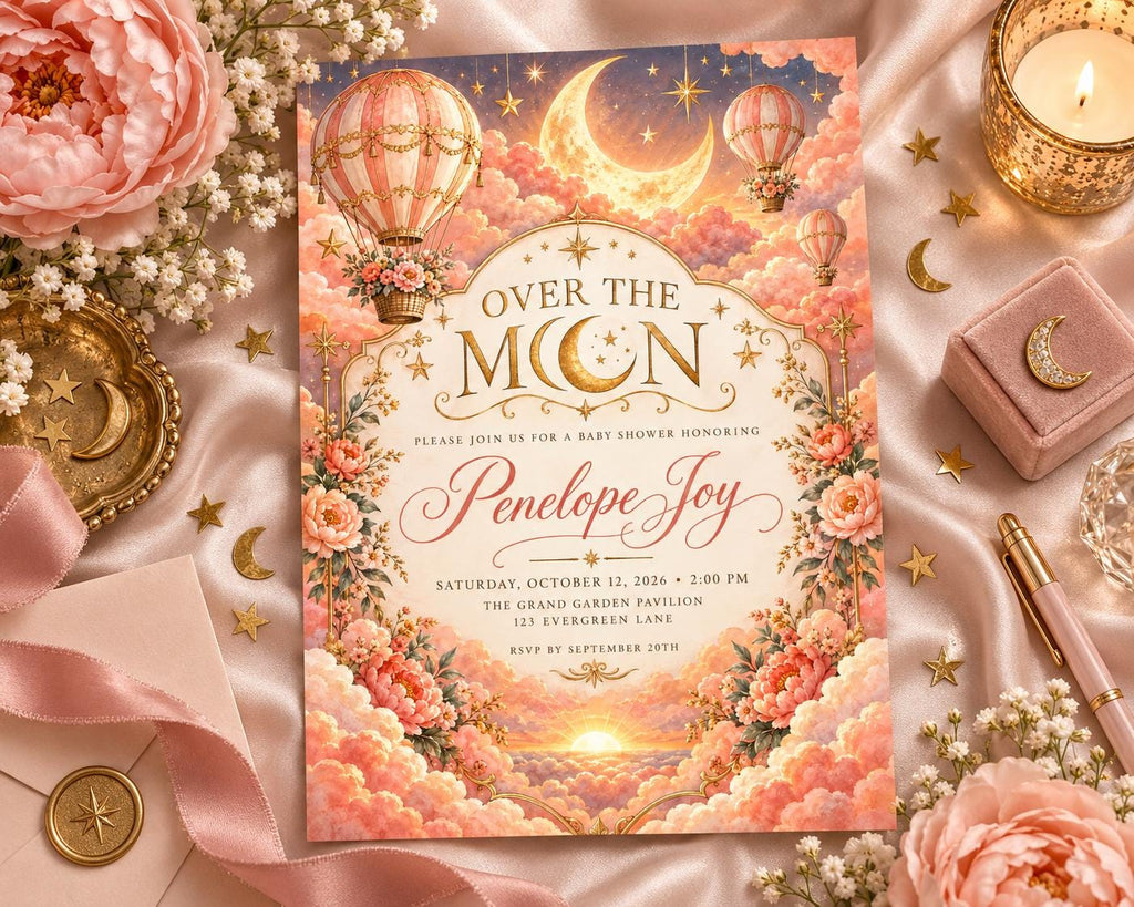 The image is a beautifully designed invitation for a baby shower, featuring a moon and star theme with hot air balloons, flowers, and a crescent moon.