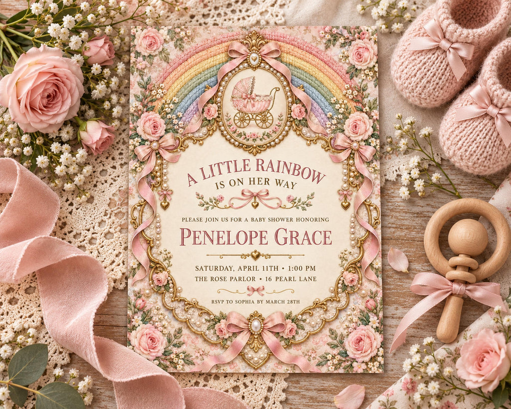 A pink and gold invitation card for a baby shower, featuring a rainbow, baby carriage, and flowers, surrounded by baby booties, a wooden rattle, and a lace doily.