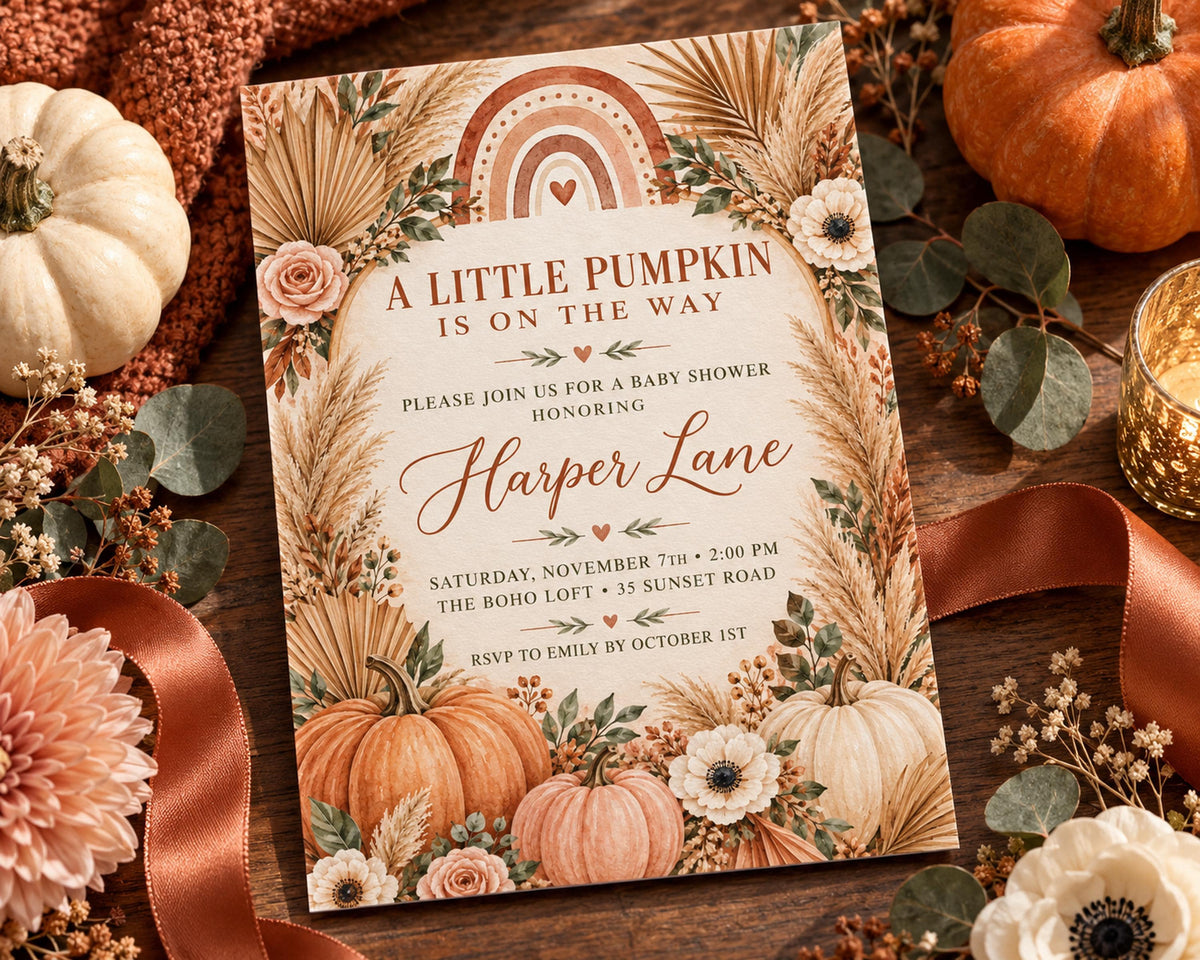 a baby shower invitation for Harper Lane, with a rustic autumn theme. The invitation is adorned with pumpkins, leaves, and a rainbow, creating a warm and inviting atmosphere.