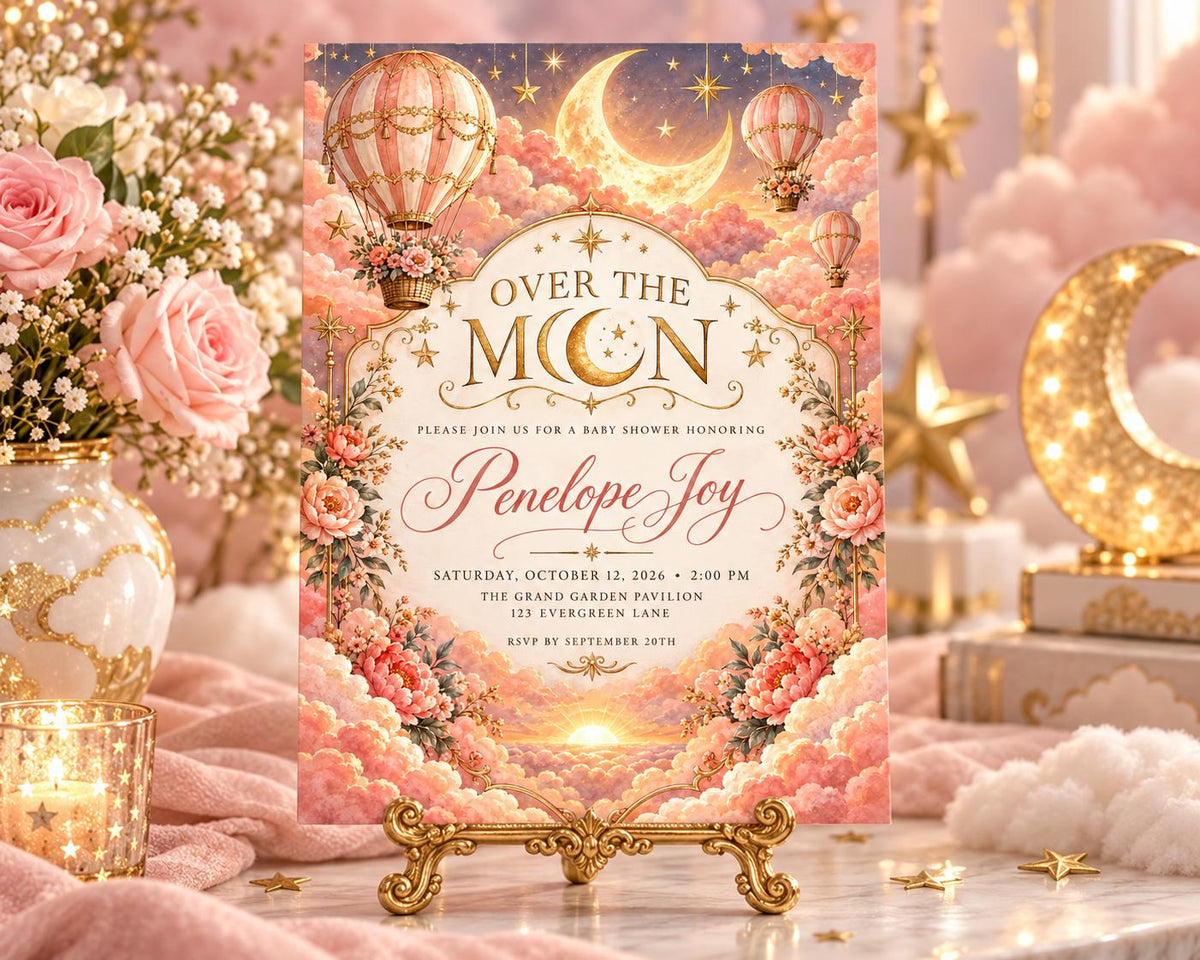 The image is a pink and gold invitation card for a baby shower, featuring a moon and stars theme with hot air balloons and flowers.