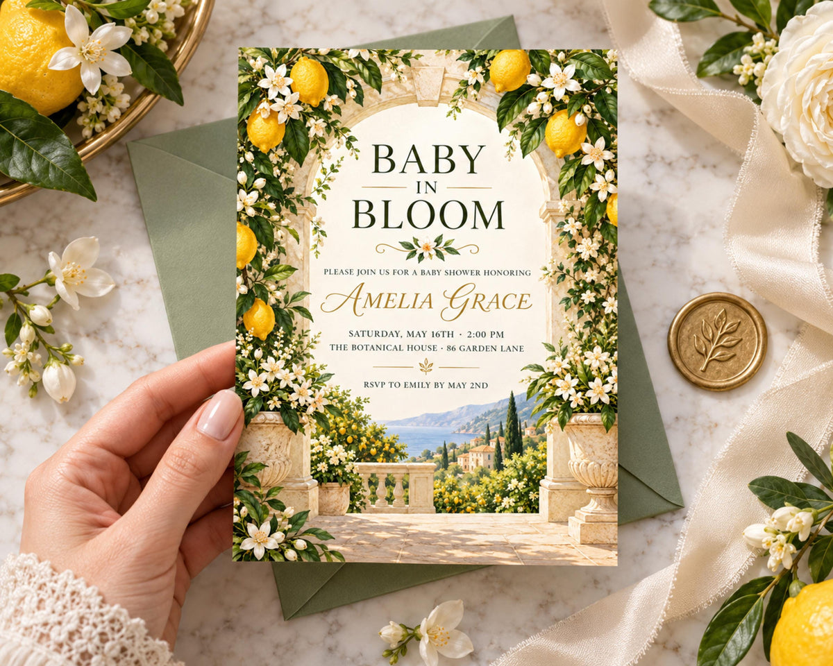 a hand holding a baby in bloom invitation card with a scenic background featuring a garden and a building.