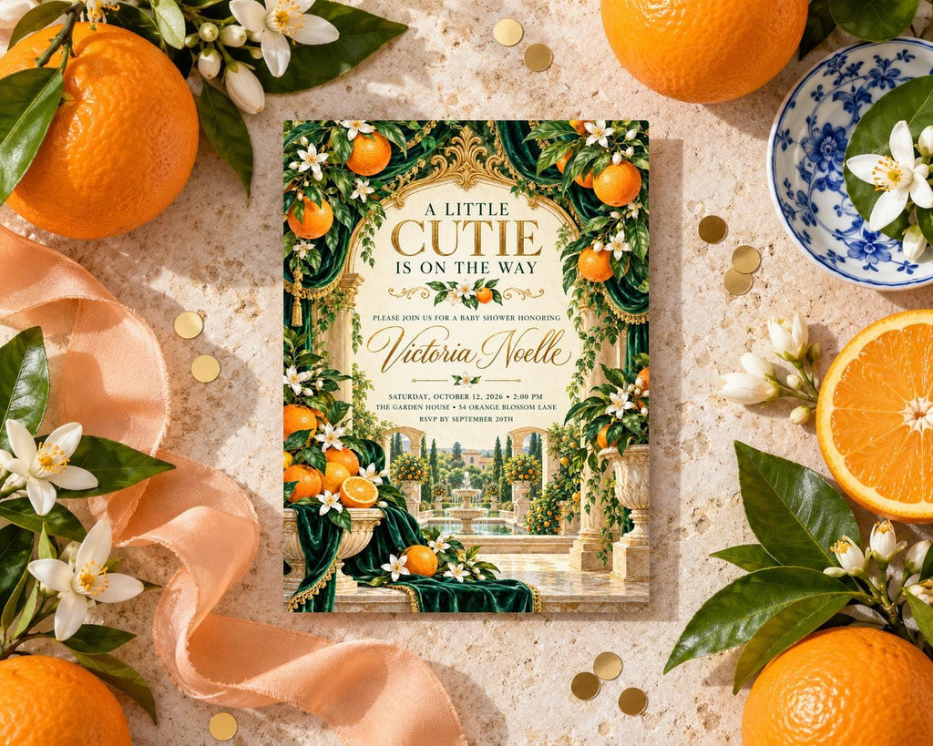 a decorative invitation card with a garden scene, surrounded by oranges, flowers, and a blue and white plate.