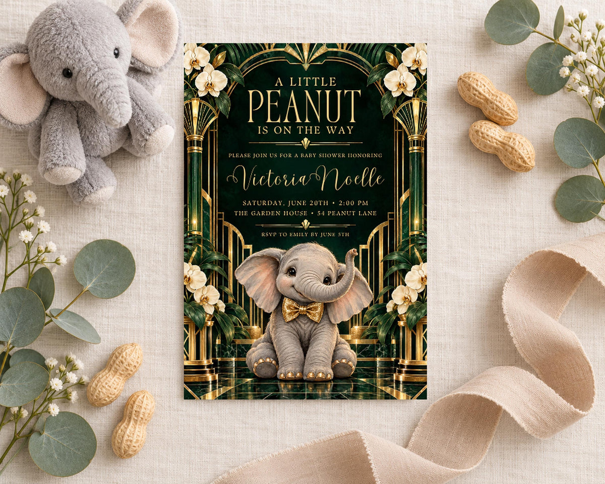a baby shower invitation for a baby named Victoria Noelle, with a stuffed elephant and peanuts surrounding it.