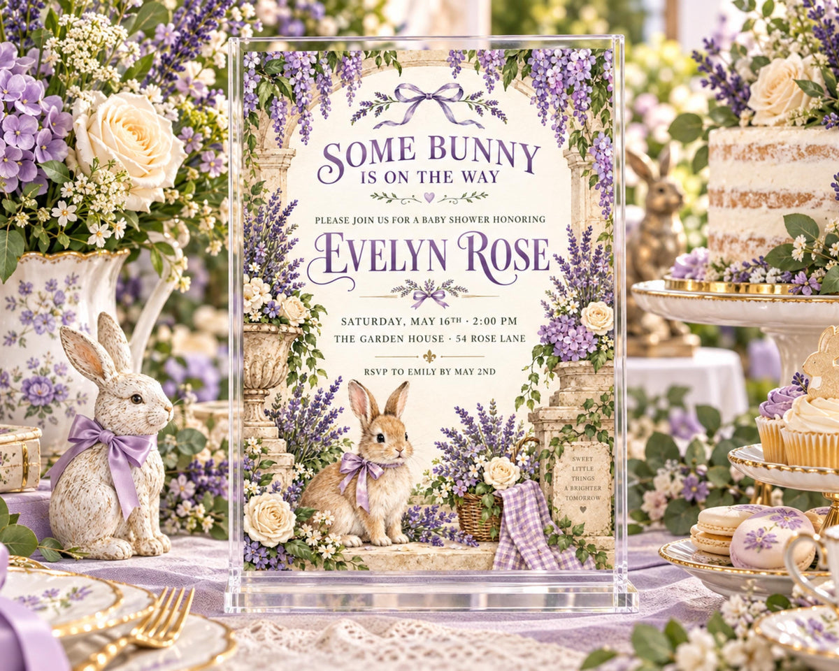 The image is a beautifully decorated invitation for a baby shower, featuring a charming illustration of a rabbit surrounded by flowers and greenery. The invitation is set against a backdrop of a garden, with a table laden with pastries and other treats, creating a festive and inviting atmosphere.