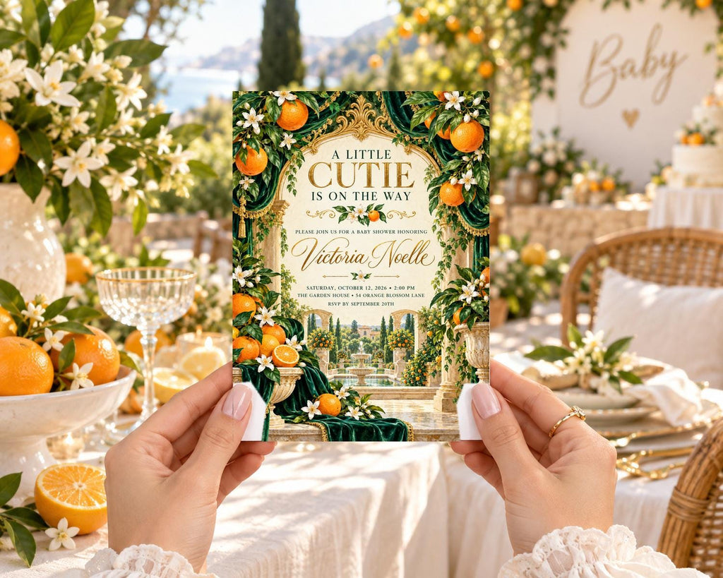 A person is holding a card with a floral design featuring oranges and greenery, which appears to be an invitation for a baby shower event.