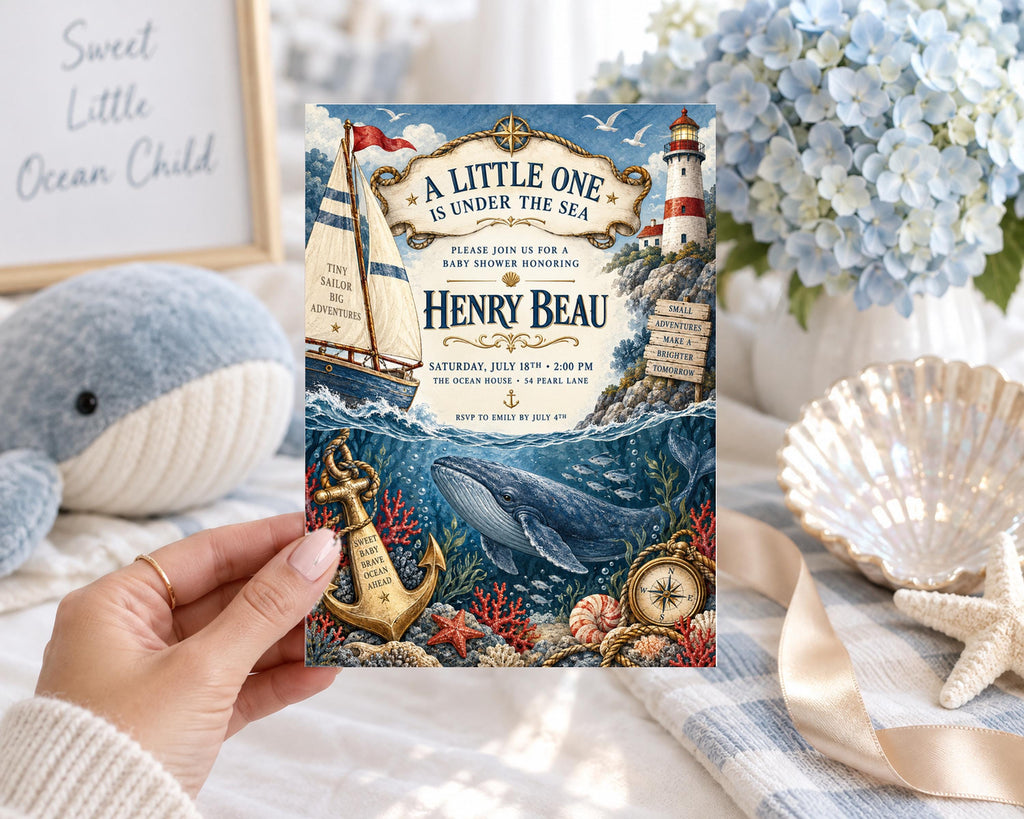 A hand holding a baby shower invitation for Henry Beau's arrival, featuring a nautical theme with a lighthouse, whale, and seashells.