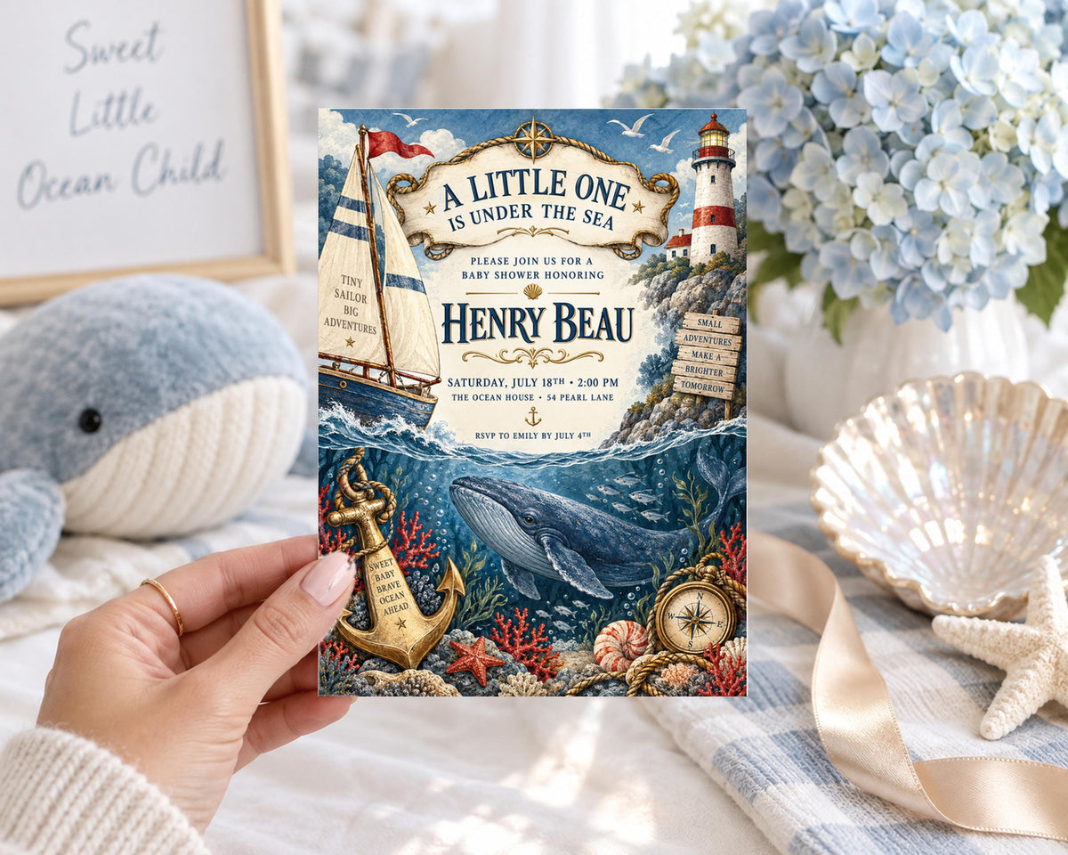A hand holding a baby shower invitation for Henry Beau's arrival, featuring a nautical theme with a lighthouse, whale, and seashells.