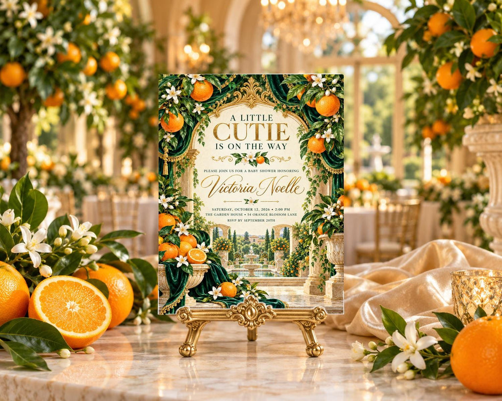 a decorative invitation card with a floral design, placed on a stand in a room with orange flowers and oranges.