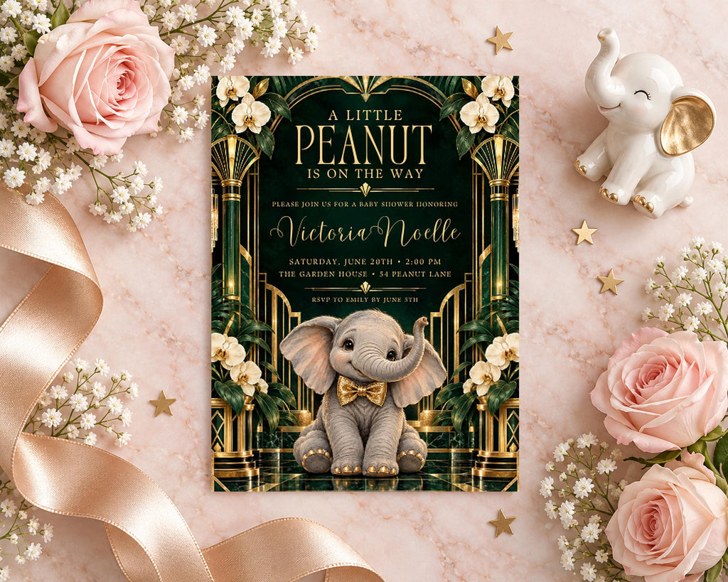 a baby shower invitation with a pink and white color scheme, surrounded by flowers and a small elephant figurine.