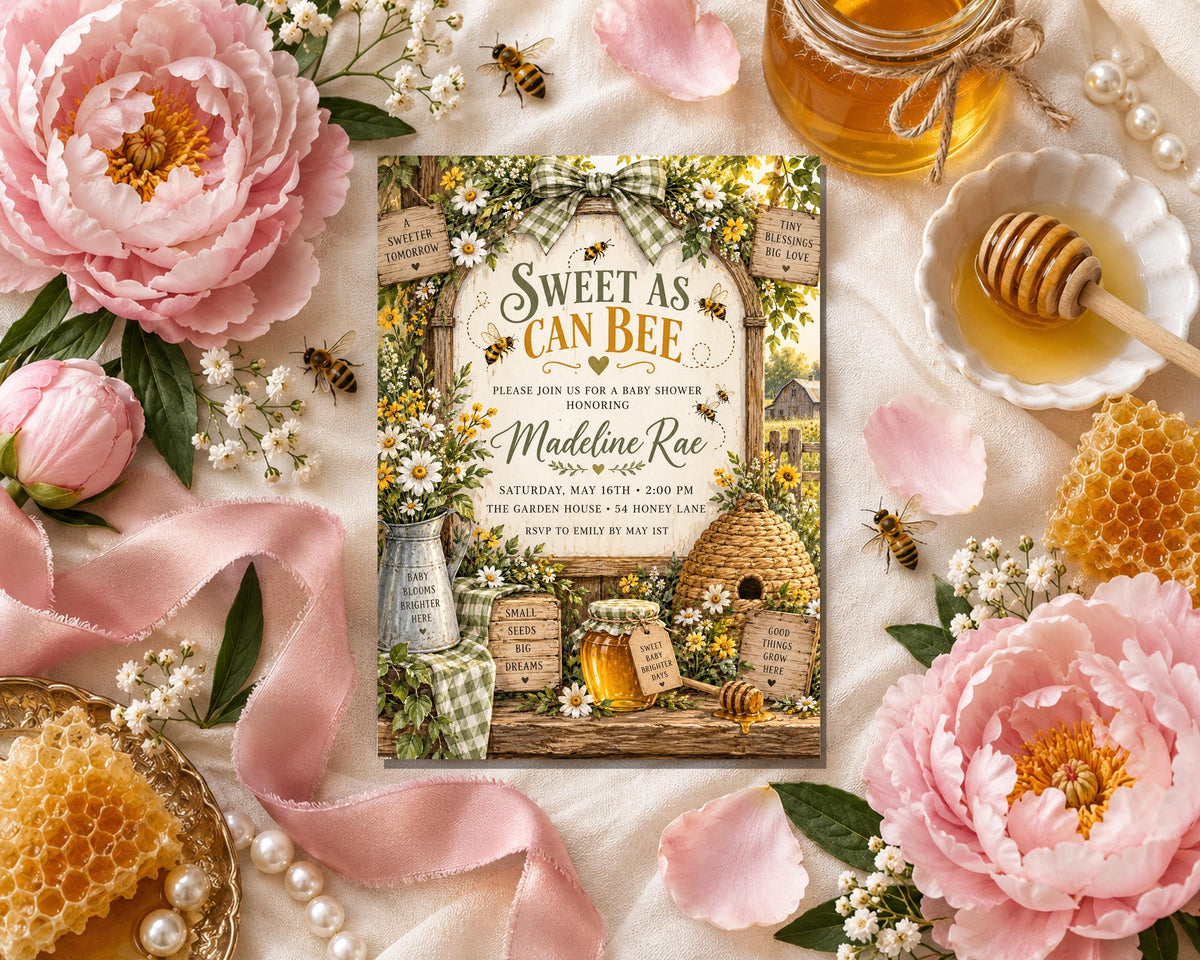 a sweet invitation surrounded by various honey-related items, including honeycombs, honey, and a honey dipper.