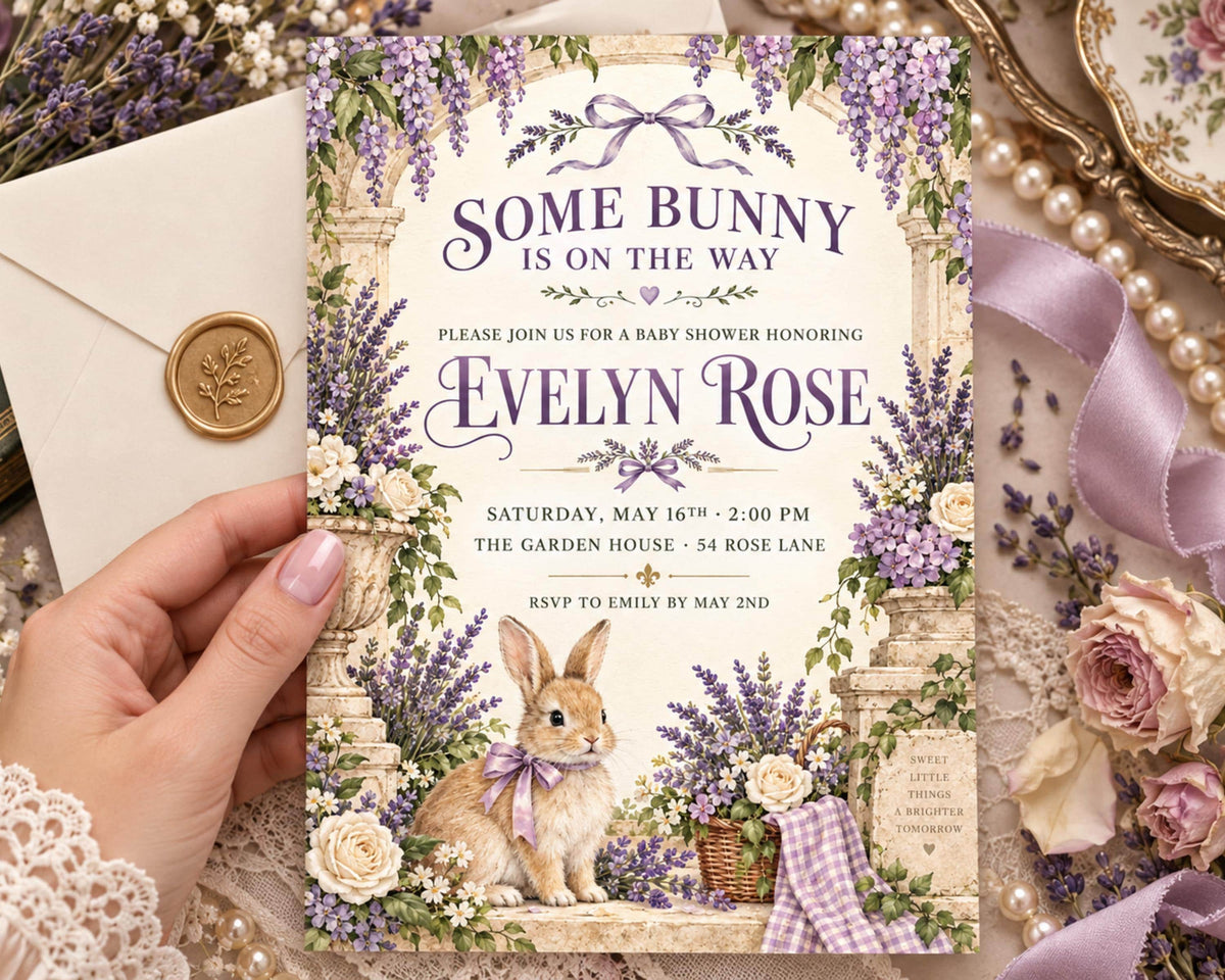 a hand holding a baby shower invitation with a floral design and a rabbit illustration.