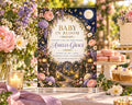 The image is a beautifully decorated baby shower invitation featuring a garden scene with flowers, a full moon, and a pathway leading to a castle. The invitation is set against a backdrop of pink and white flowers, and the text invites guests to a baby shower honoring Amelia Grace.
