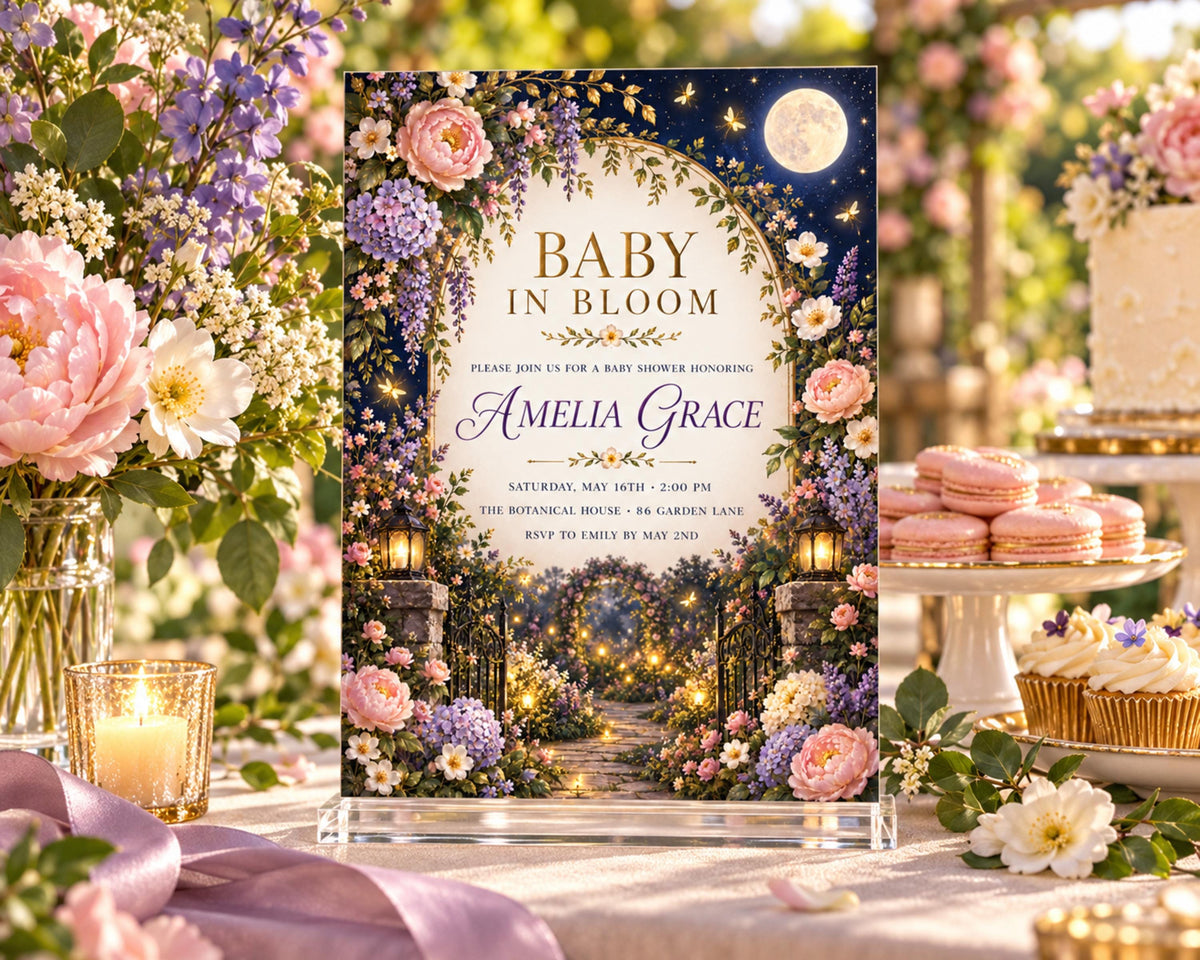 The image is a beautifully decorated baby shower invitation featuring a garden scene with flowers, a full moon, and a pathway leading to a castle. The invitation is set against a backdrop of pink and white flowers, and the text invites guests to a baby shower honoring Amelia Grace.