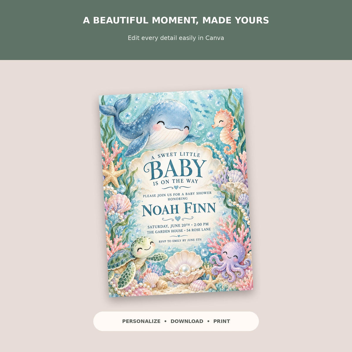 A colorful baby shower invitation featuring a whimsical underwater scene with a whale, seahorse, and octopus.