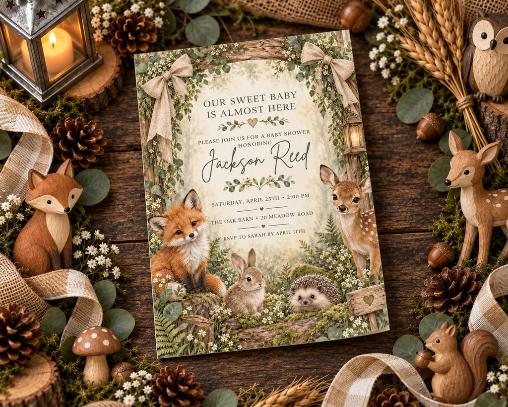 a baby shower invitation with a forest theme, surrounded by various woodland-themed decorations such as pine cones, mushrooms, and deer figurines.