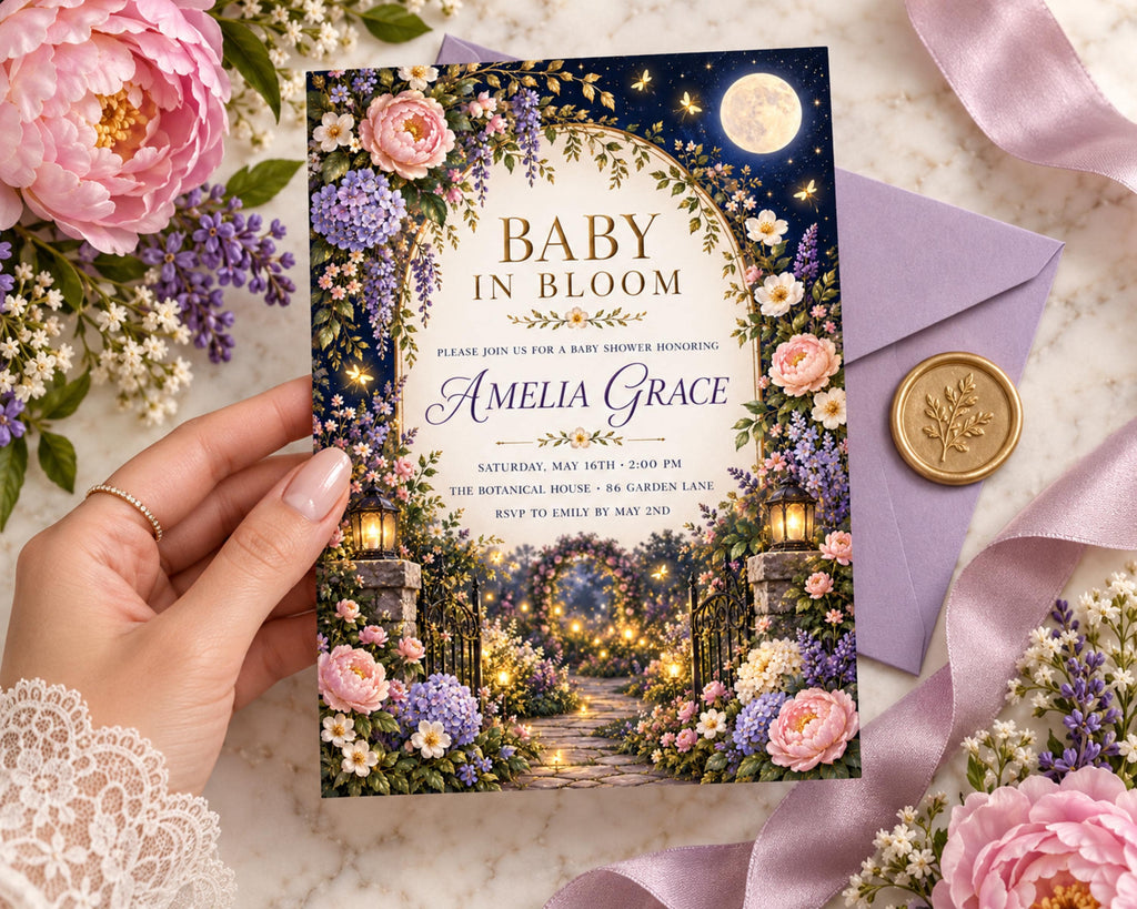 a hand holding a baby shower invitation card with a floral design, surrounded by pink flowers and a purple envelope.