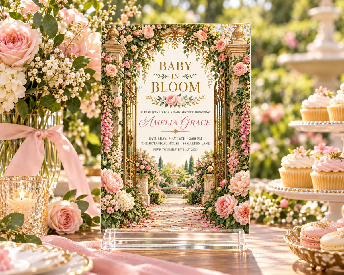 a beautifully decorated wedding invitation with a garden scene and pink flowers, placed on a table with a vase of flowers and a plate of cupcakes.