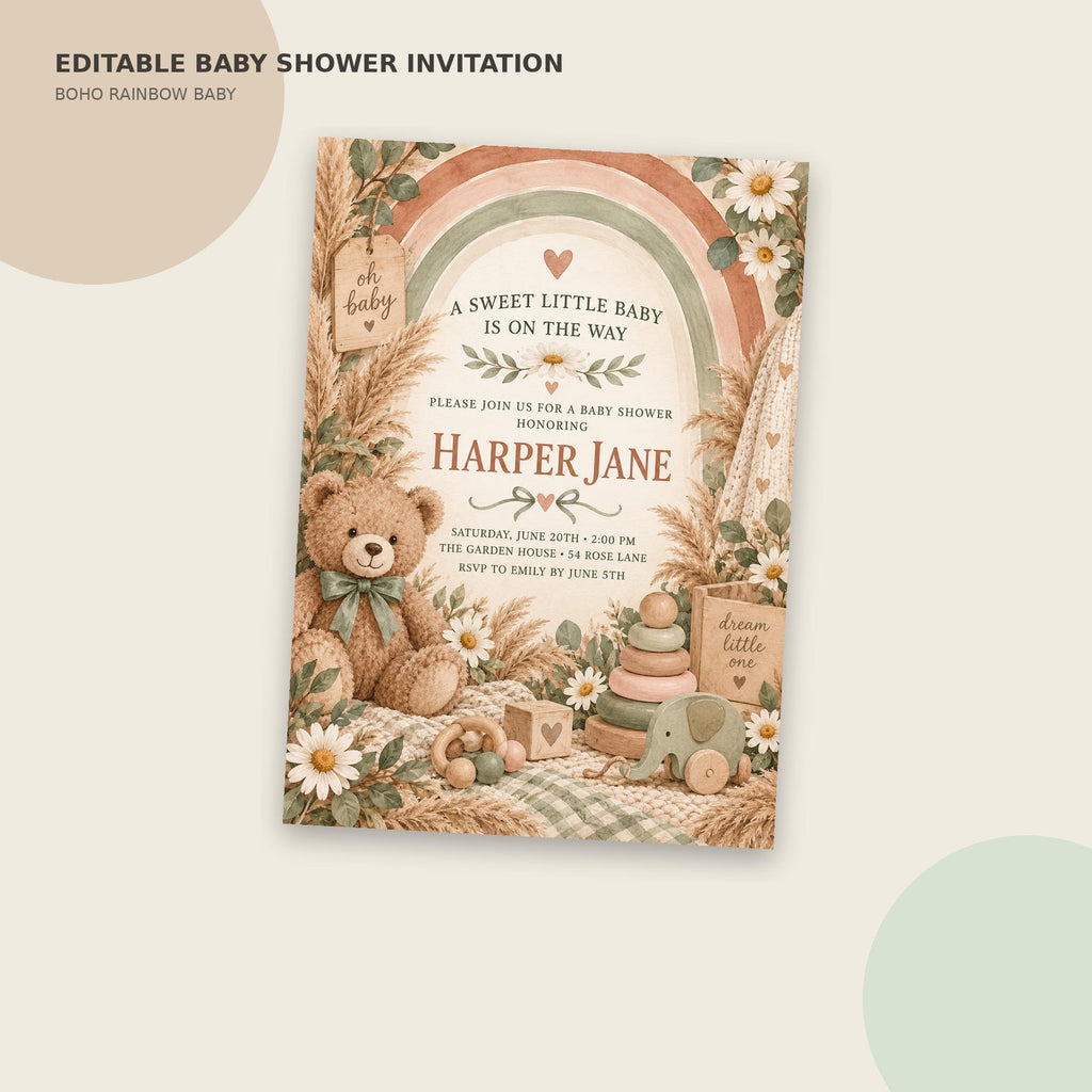 The image is an editable baby shower invitation featuring a baby shower theme with a teddy bear, flowers, and baby toys.