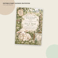 The image is a baby shower invitation featuring a cute lamb surrounded by flowers and greenery. The invitation includes details about the baby shower, such as the date, time, and location, as well as a sweet little baby theme.