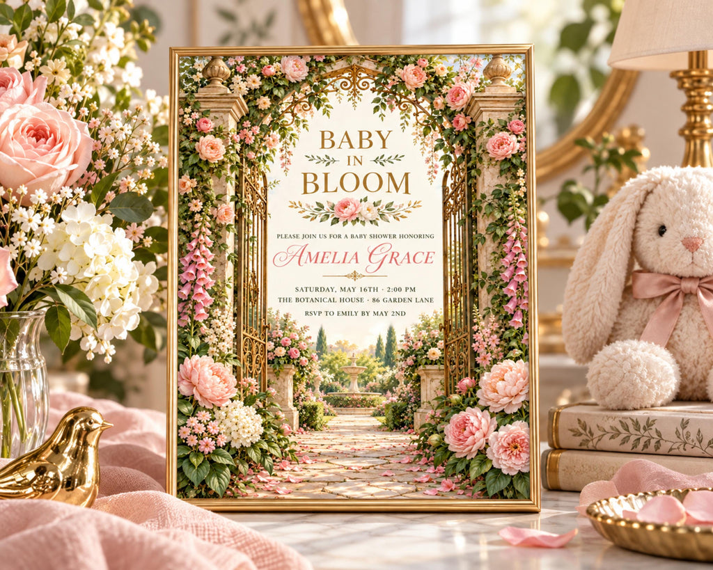 a framed baby shower invitation with a garden scene and pink flowers, placed on a table with a stuffed rabbit and other decorative items.