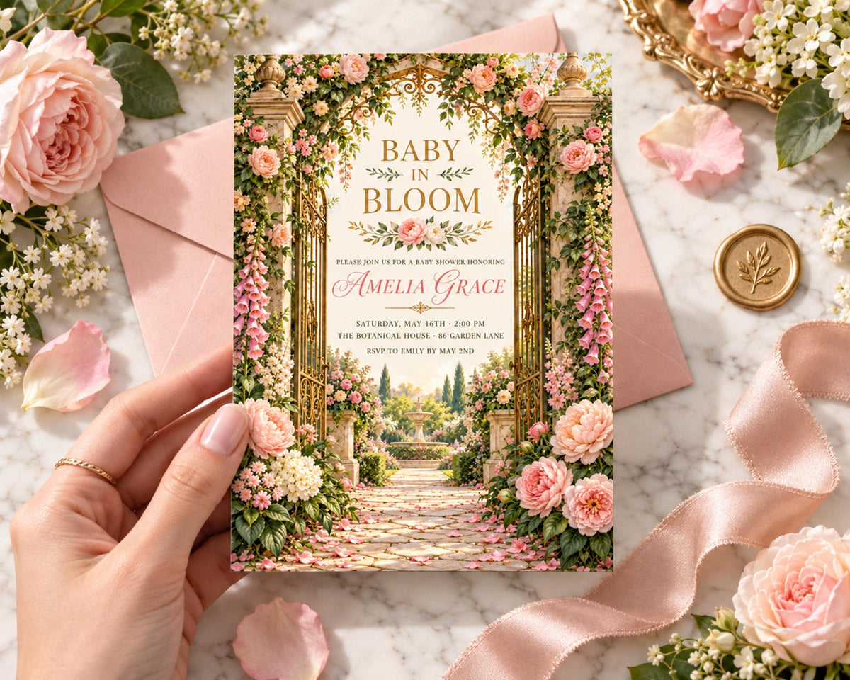 A hand holding a pink and gold floral baby shower invitation with a garden path and rose arch, surrounded by pink roses, greenery, and a gold ribbon.