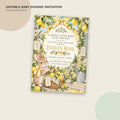 The image is an editable baby shower invitation featuring a cute illustration of a rabbit surrounded by lemons and flowers. The invitation includes details about a baby shower event and the names of the expectant parents, Evelyn Rose and her husband.