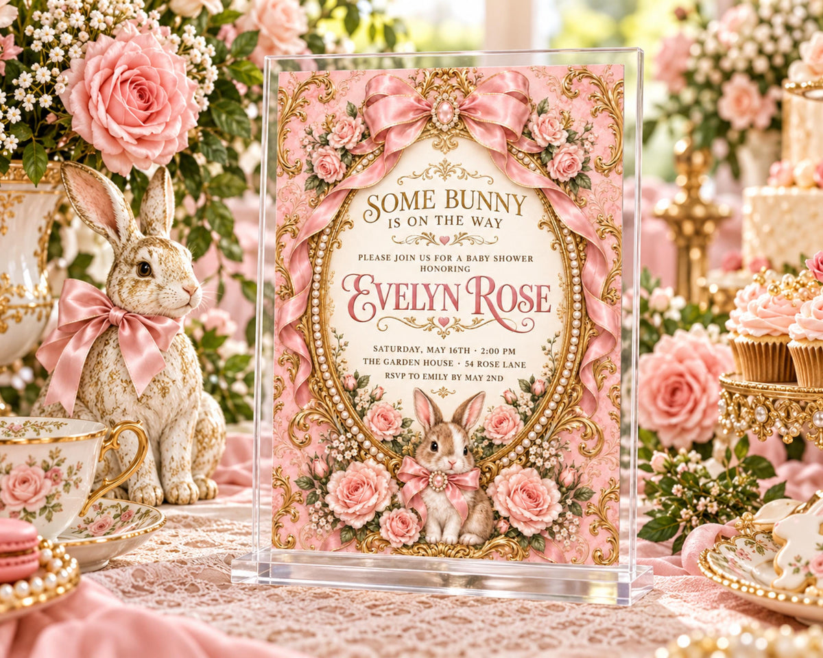 a pink and gold invitation card for a baby shower, with a bunny and flowers as the central design elements. The card is placed on a table surrounded by various desserts, including cakes and pastries, as well as decorative items such as vases and figurines.