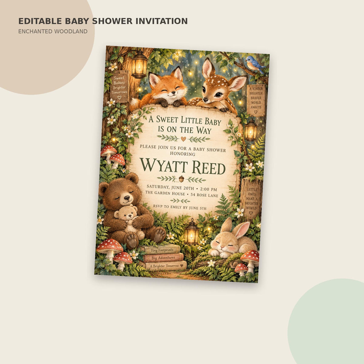 The image is an edited baby shower invitation featuring a forest theme with illustrations of a baby, a bear, a rabbit, and a deer.