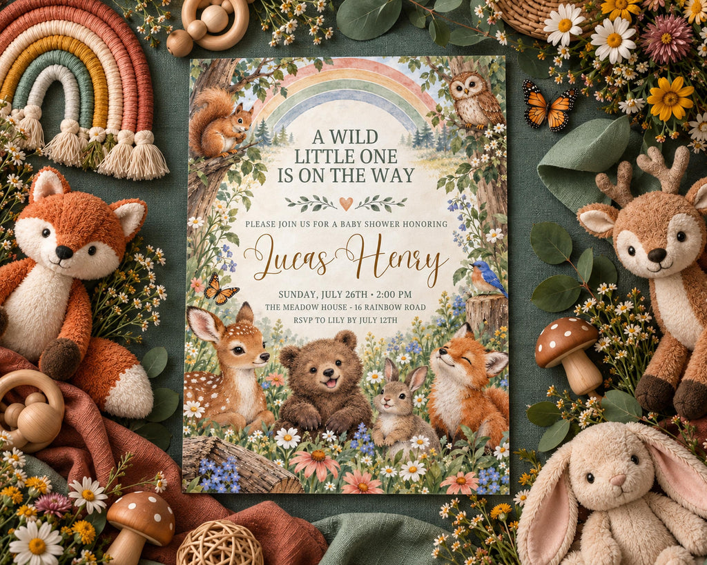 A colorful invitation card with illustrations of animals and flowers, surrounded by stuffed animals and natural elements like flowers and leaves.