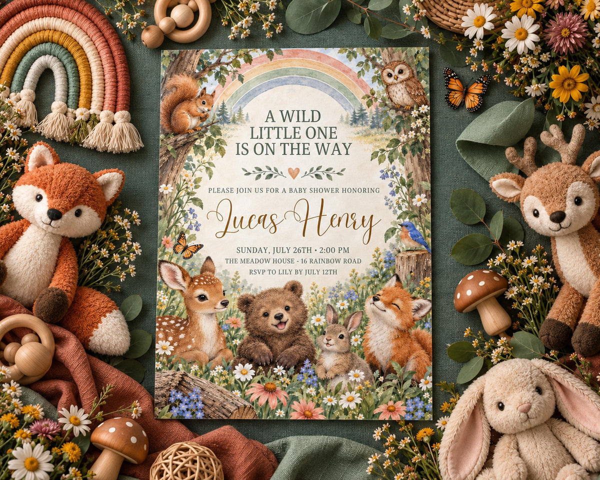 A colorful invitation card with illustrations of animals and flowers, surrounded by stuffed animals and natural elements like flowers and leaves.