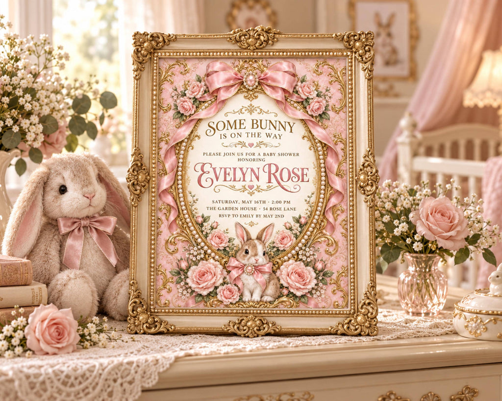 a pink and gold baby shower invitation for a baby named Evelyn Rose, with a stuffed bunny and floral decorations surrounding the frame.