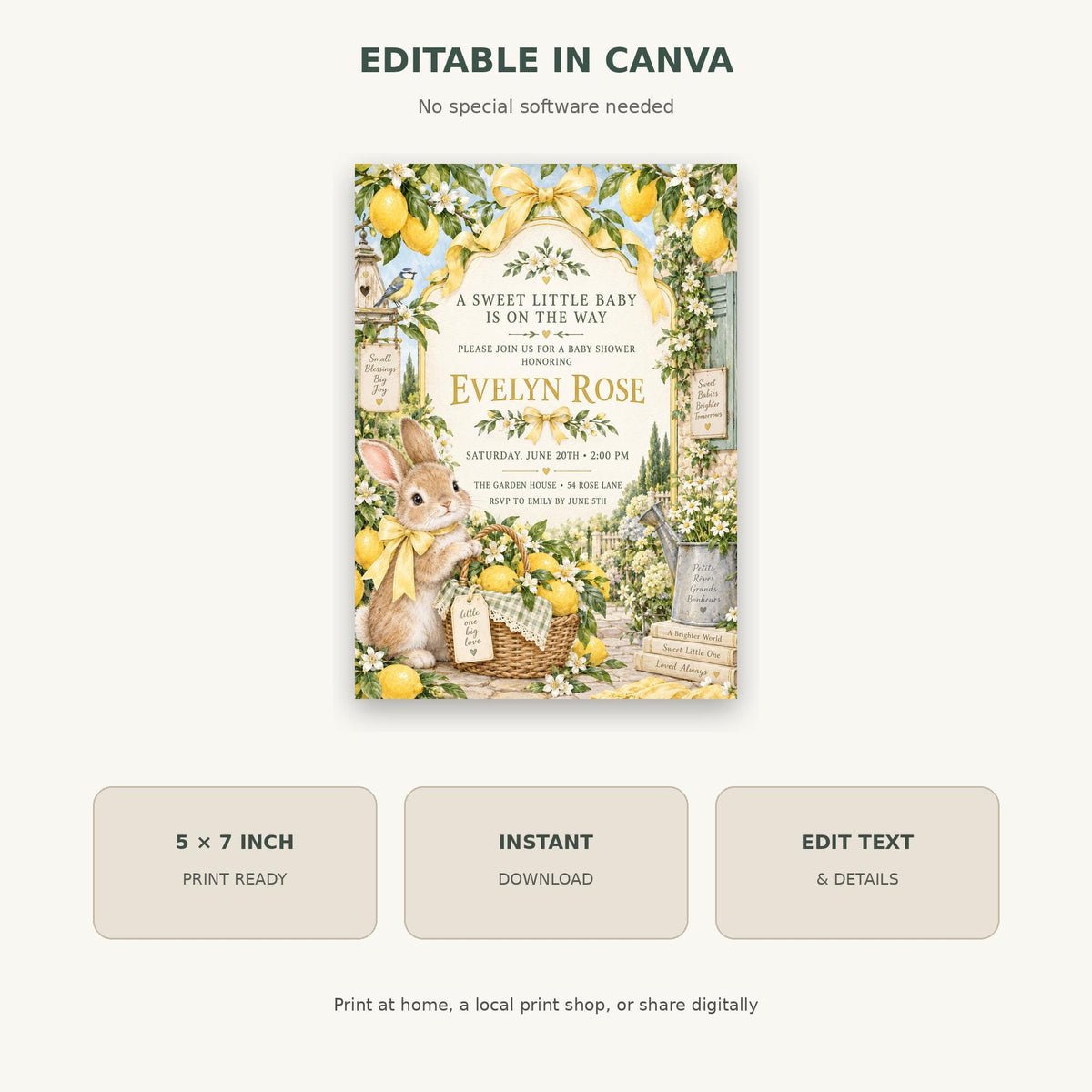 The image is a digital invitation for a baby shower, featuring a cute illustration of a rabbit surrounded by lemons and flowers.