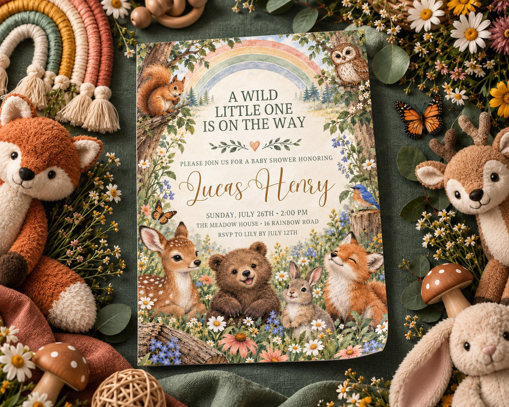 The image is a baby shower invitation featuring a forest theme with illustrations of various animals, including a fox, squirrel, owl, deer, bear, rabbit, and a mushroom. The invitation is surrounded by stuffed animals and flowers, creating a whimsical and nature-inspired atmosphere.