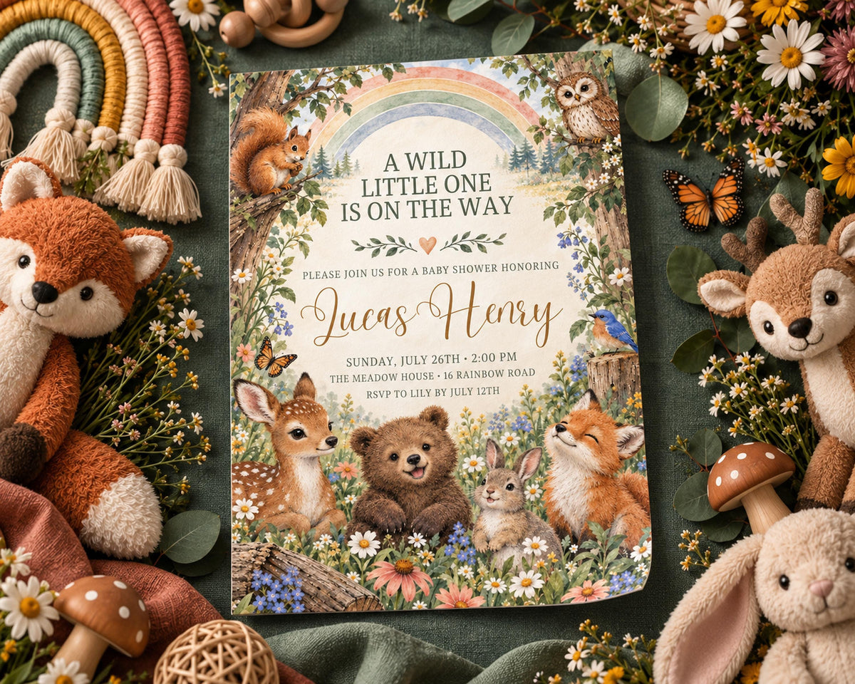 The image is a baby shower invitation featuring a forest theme with illustrations of various animals, including a fox, squirrel, owl, deer, bear, rabbit, and a mushroom. The invitation is surrounded by stuffed animals and flowers, creating a whimsical and nature-inspired atmosphere.