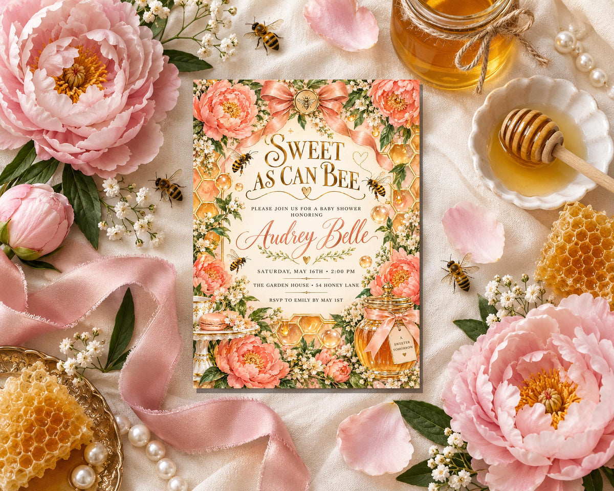a sweet as can bee invitation surrounded by various floral elements, honeycombs, and honey jars.