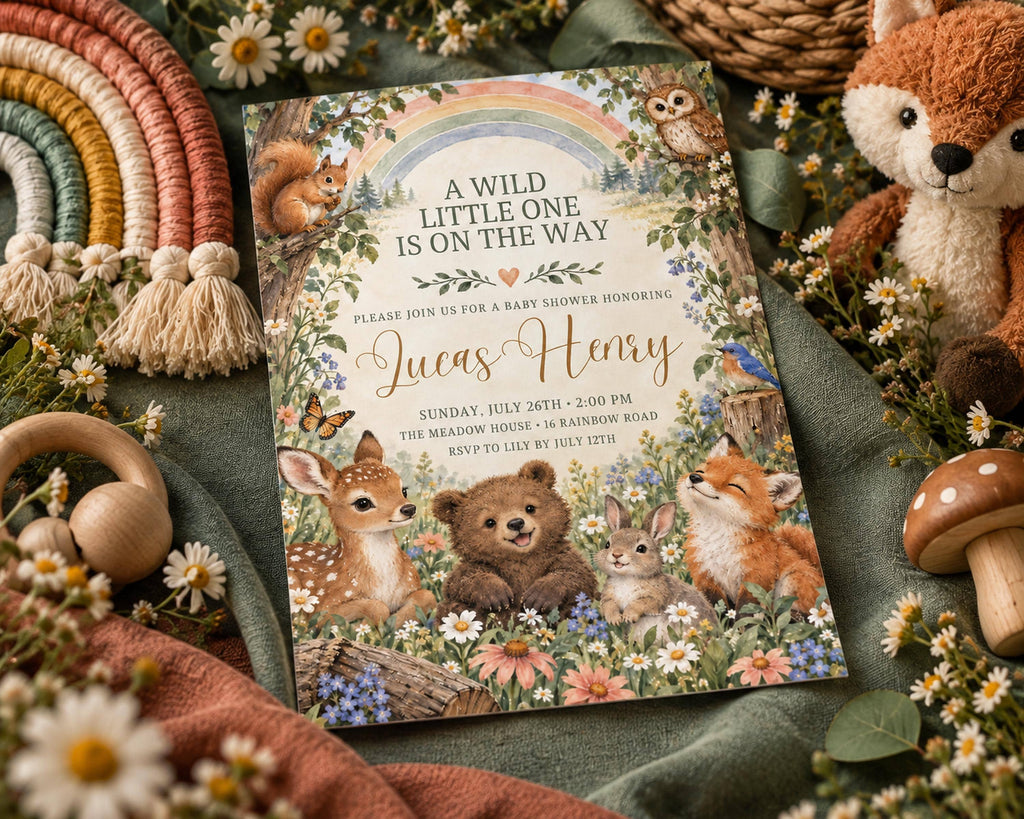 A wild baby shower invitation featuring woodland animals such as deer, bear, and rabbit, surrounded by flowers and a rainbow.