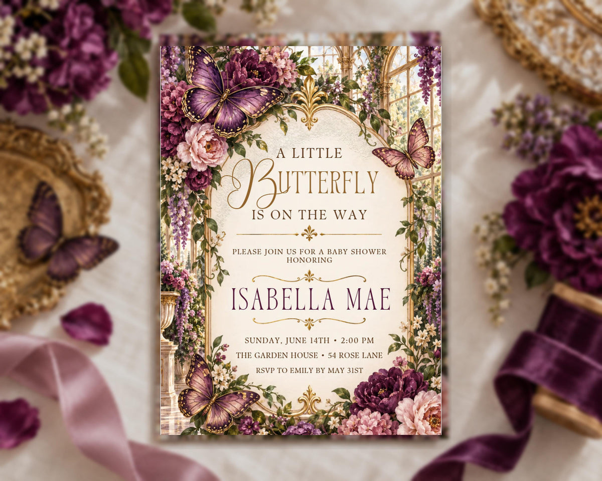 A little butterfly is on the way invitation card with a floral design and butterflies.
