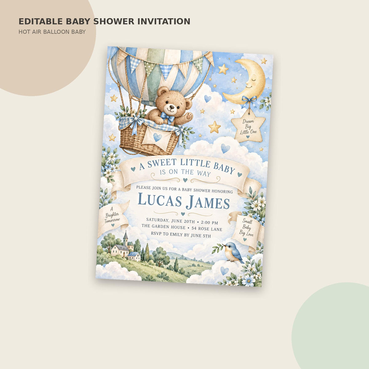 The image is an editable baby shower invitation featuring a teddy bear in a hot air balloon, with a moon and stars in the sky, and a banner that reads "A SWEET LITTLE BABY IS ON THE WAY".