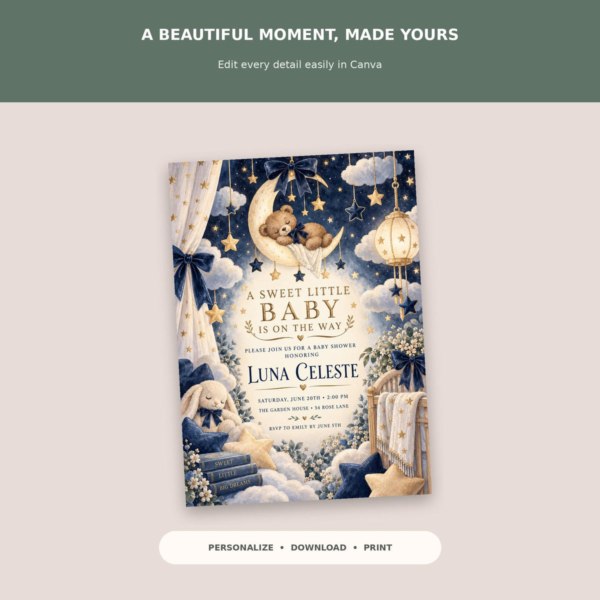 The image is a digital invitation for a baby shower, featuring a night sky theme with stars, a crescent moon, and teddy bears.