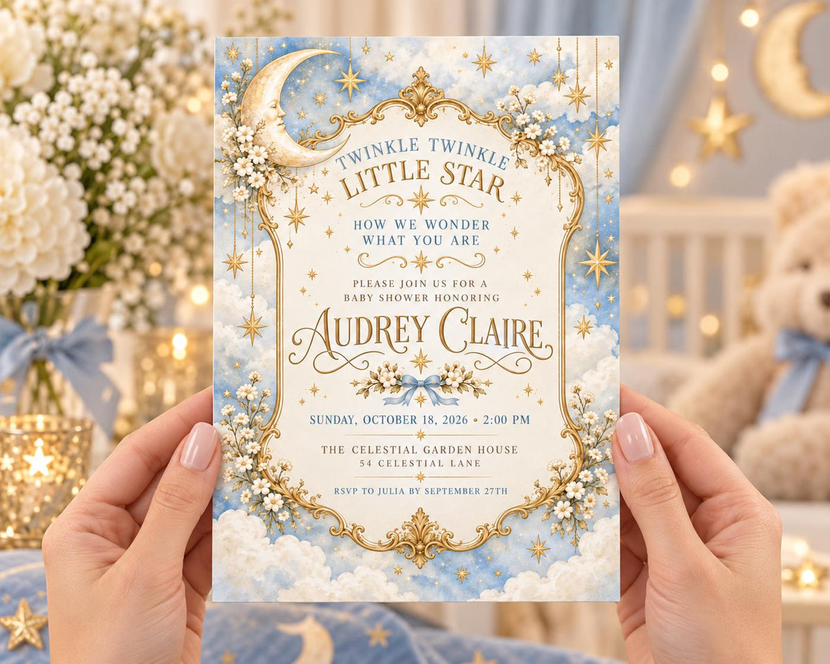 A person is holding a baby shower invitation with a moon and star theme, featuring a blue and white color scheme and gold accents.
