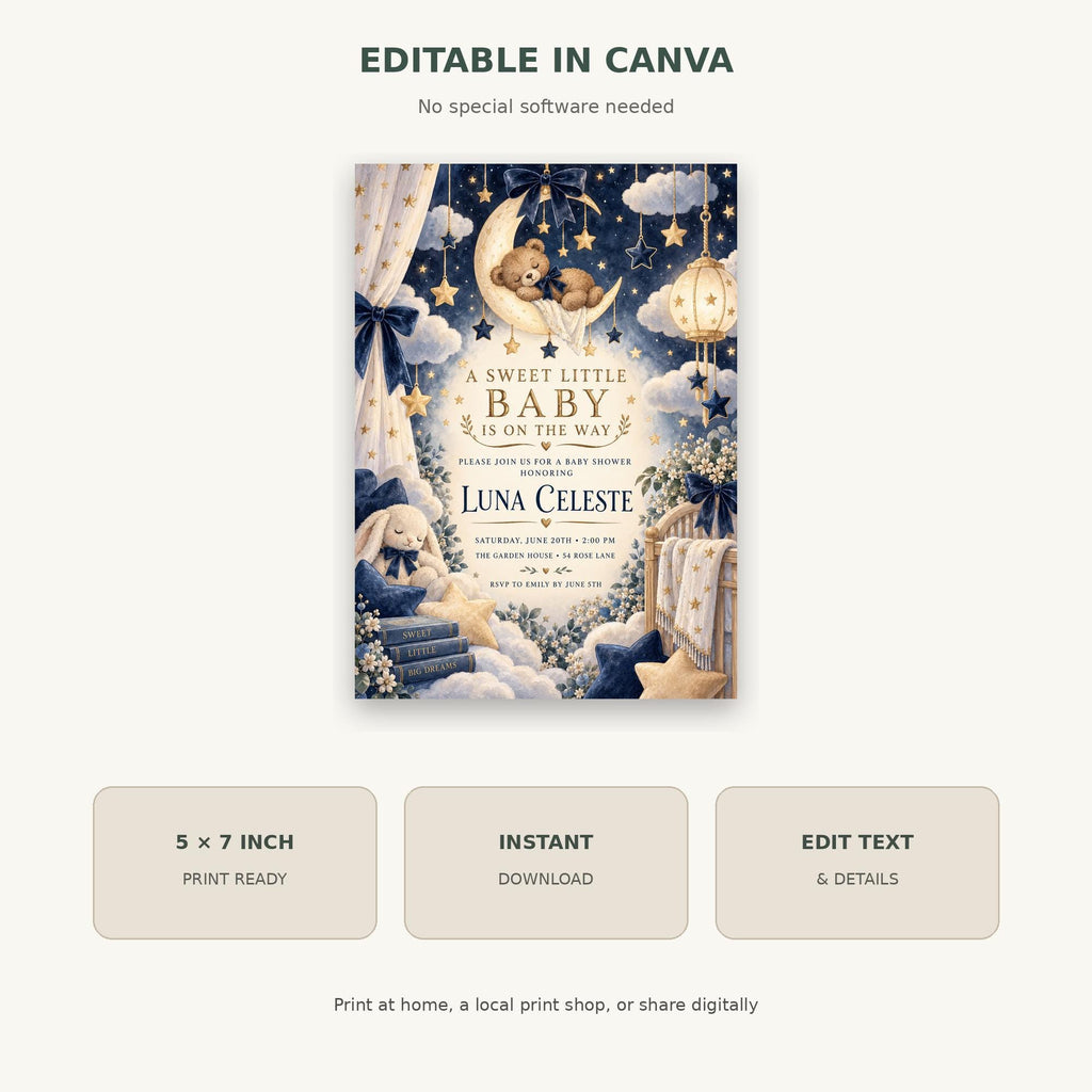 The image is a digital invitation for a baby shower, featuring a night sky theme with a moon, stars, and a teddy bear.
