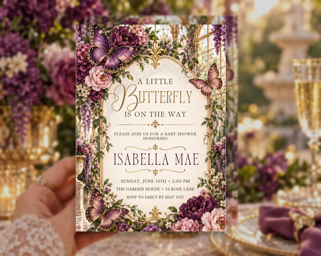 The image is a hand holding a baby shower invitation with a floral design.