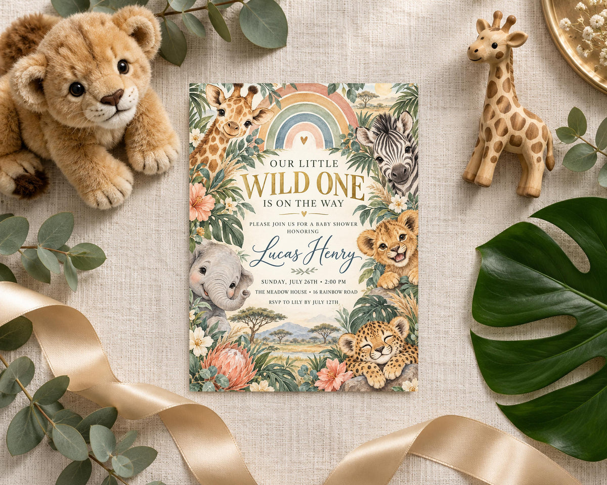 a baby shower invitation for a baby named Lucas Henry, surrounded by various baby-themed items such as stuffed animals, a giraffe figurine, and a leaf.