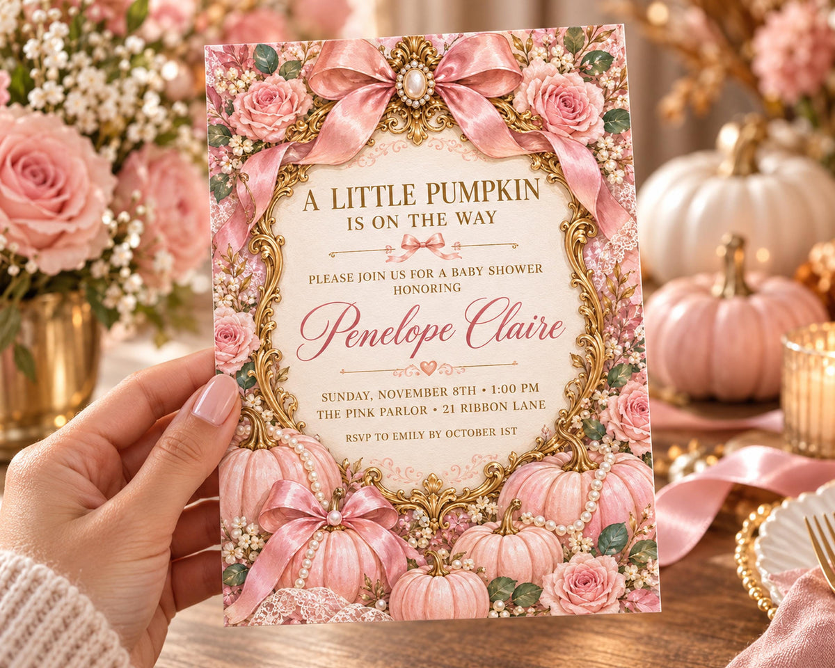 A hand holding a pink and gold invitation card with a pumpkin design, surrounded by pink flowers and pumpkins.