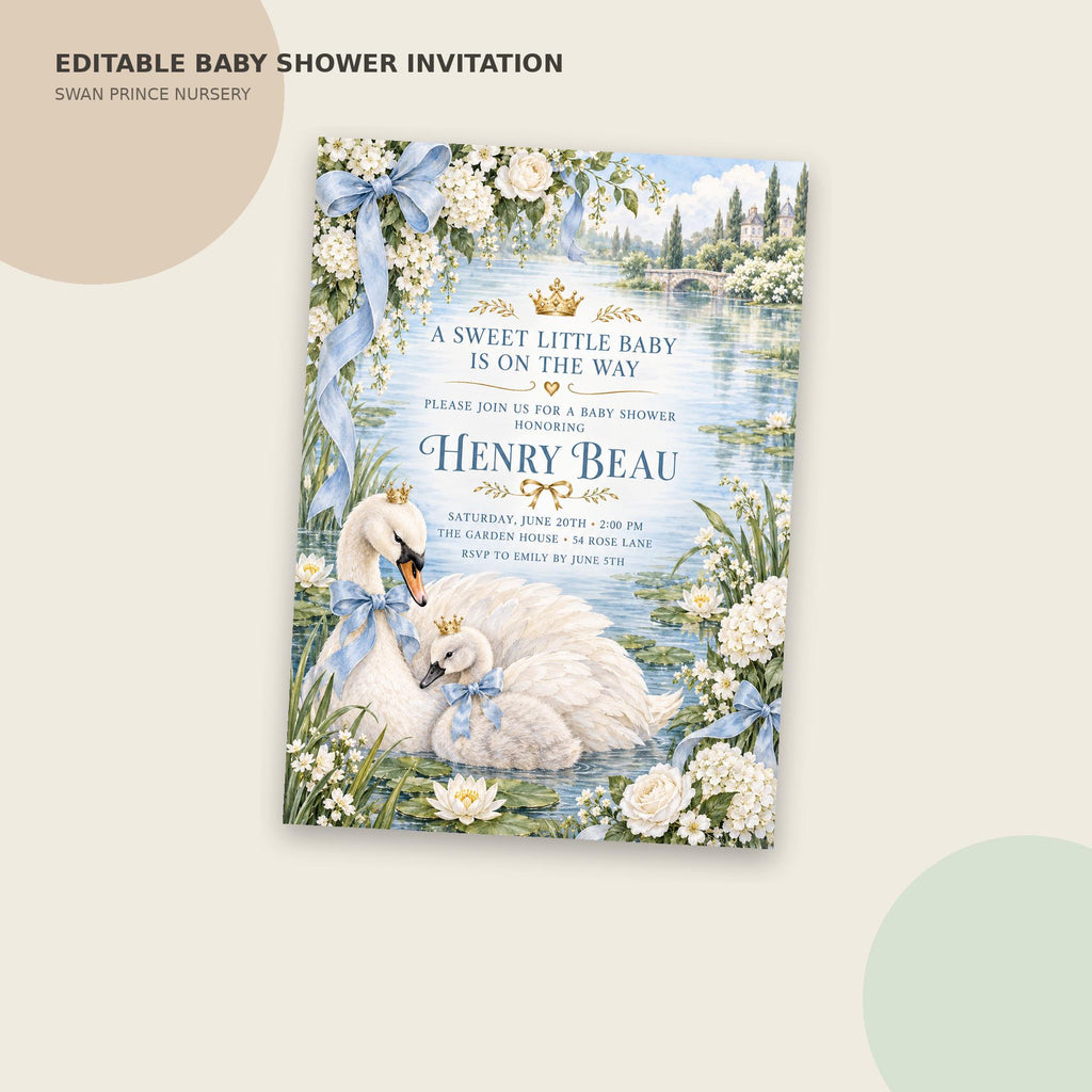 The image is an invitation card for a baby shower, featuring a swan and flowers as the central design.