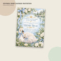 The image is an invitation card for a baby shower, featuring a swan and flowers as the central design.