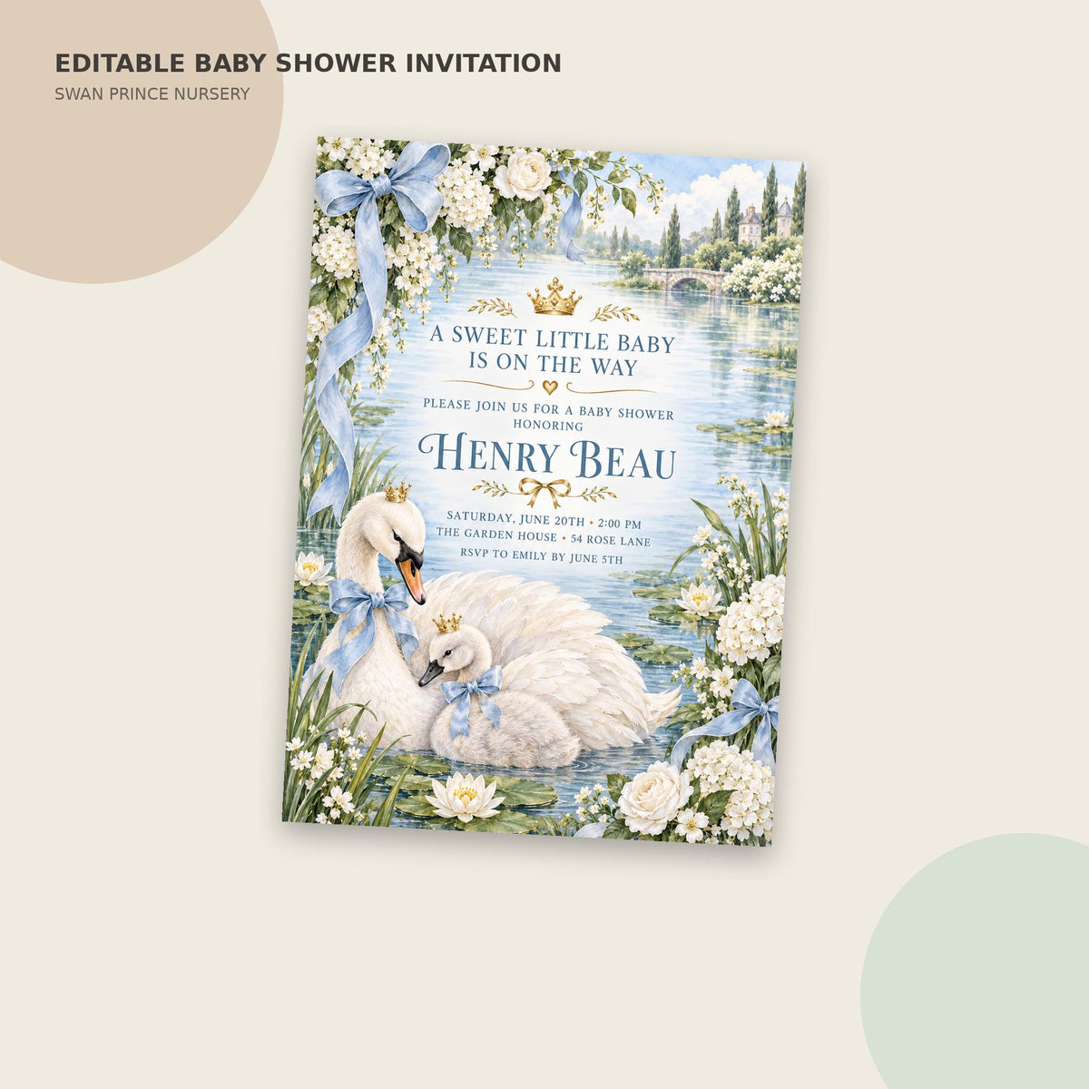 The image is an invitation card for a baby shower, featuring a swan and flowers as the central design.