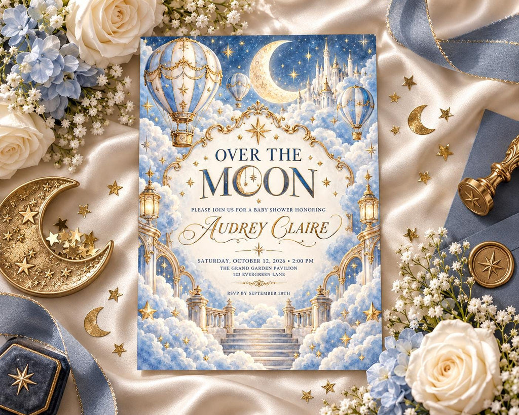 The image is a baby shower invitation featuring a moon and star theme, with a castle and hot air balloons in the background. The invitation is surrounded by decorative elements such as flowers, a crescent moon, and stars.
